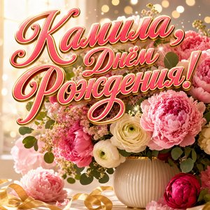 Открытка с Днем Рождения Камиле с букетом пионов в вазе