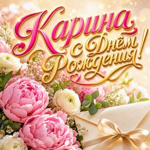 Открытка с Днем Рождения Карине с букетом пионов и конвертом
