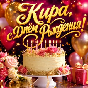Открытка с Днем Рождения Кире с кремовым тортом и шарами