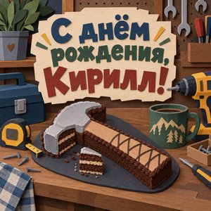 Открытка «С днём рождения, Кирилл!» Кириллу с тортом-молотком