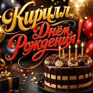 Открытка с Днем Рождения Кириллу с праздничным тортом и шарами