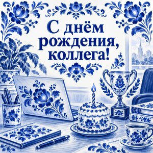 Открытка «С днём рождения, коллега!» с кубком и тортом в офисе