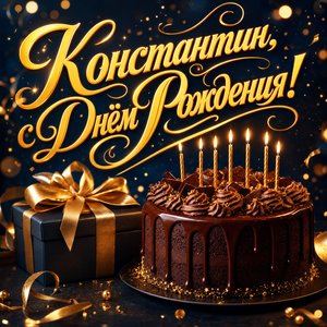 Открытка с Днем Рождения Константину с шоколадным тортом и подарком