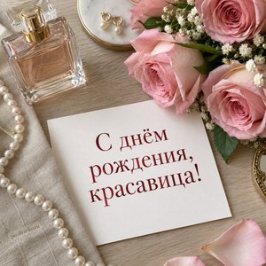 Открытка «С днём рождения, красавица!» с духами и жемчугом