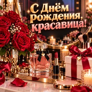Открытка «С Днём рождения, красавица!» с розами и духами