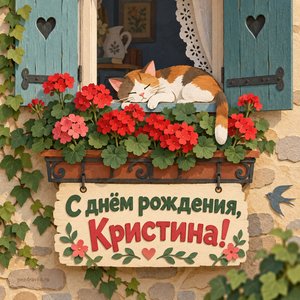Открытка «С днём рождения, Кристина!» Кристине с геранью и котом