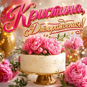 Открытка с Днем Рождения Кристине с тортом и пионами