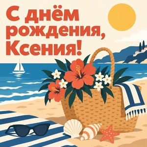 Открытка «С днём рождения, Ксения!» Ксении с пляжной сумкой