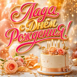 Открытка с Днем Рождения Ладе с тортом и воздушными шарами