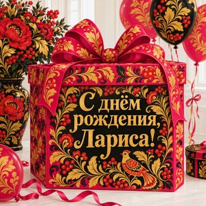 Открытка «С днём рождения, Лариса!» Ларисе с подарком и шарами
