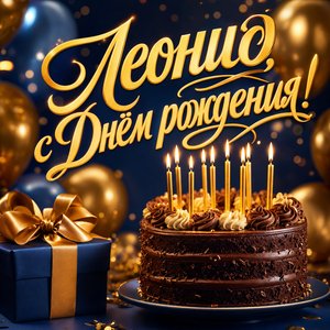 Открытка с Днем Рождения Леониду с шоколадным тортом и шарами