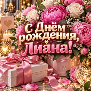 Открытка «С Днём рождения, Лиана!» Лиане с пионами и подарком