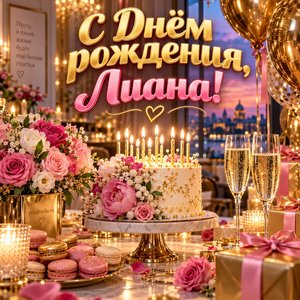 Открытка «С Днём рождения, Лиана!» Лиане с тортом и шарами