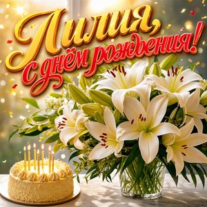 Открытка с Днем Рождения Лилии с белыми лилиями и тортом