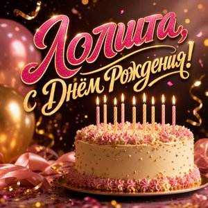 Открытка с Днем Рождения Лолите с праздничным тортом и шарами