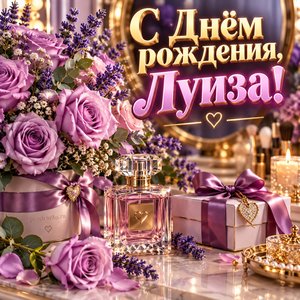 Открытка «С Днём рождения, Луиза!» Луизе с сиреневыми розами и духами