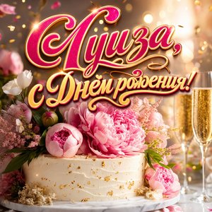 Открытка с Днем Рождения Луизе с тортом и пионами