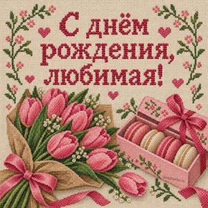 Открытка «С днём рождения, любимая!» с тюльпанами и макарунами
