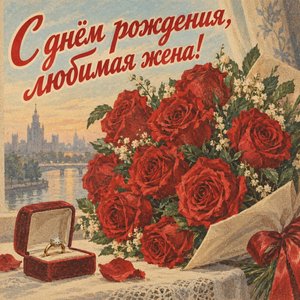 Открытка «С днём рождения, любимая жена!» с розами и шкатулкой