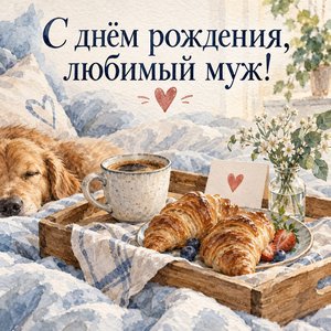 Открытка «С днём рождения, любимый муж!» с завтраком для мужа