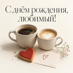 Открытка «С днём рождения, любимый!» с кофе и печеньем-сердцем