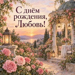 Открытка «С днём рождения, Любовь!» Любови с розовым садом на закате