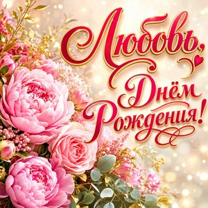 Открытка с Днем Рождения Любови с букетом пионов и роз