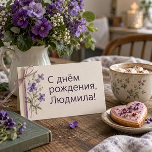 Открытка «С днём рождения, Людмила!» Людмиле с фиалками и печеньем