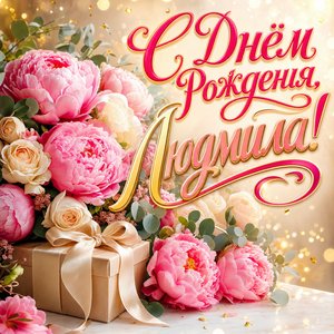 Открытка с Днем Рождения Людмиле с пионами и подарком