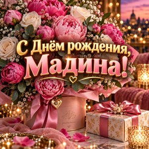 Открытка «С Днём рождения, Мадина!» Мадине с пионами и подарком