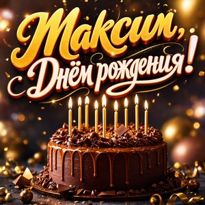 Открытка с Днем Рождения Максиму с шоколадным тортом и свечами