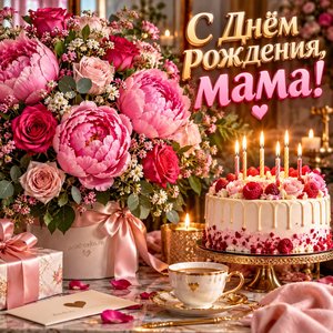 Открытка «С Днём рождения, мама!» маме с пионами и тортом