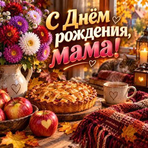 Открытка «С Днём рождения, мама!» маме с пирогом и астрами
