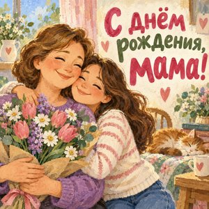Открытка «С днём рождения, мама!» с дочерью и мамой