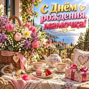 Открытка «С Днём рождения, мамочка!» маме с корзиной цветов