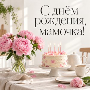Открытка «С днём рождения, мамочка!» с пионами и тортом