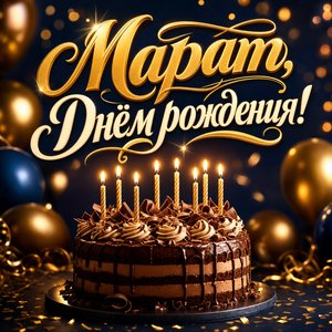 Открытка с Днем Рождения Марату с праздничным тортом и свечами
