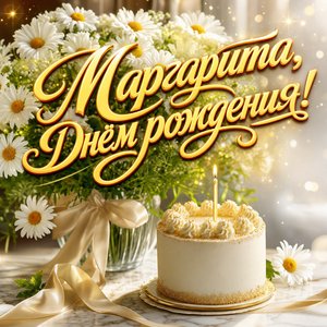 Открытка с Днем Рождения Маргарите с букетом маргариток и тортом