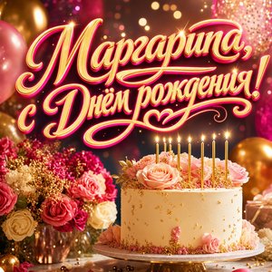 Открытка с Днем Рождения Маргарите с праздничным тортом и свечами