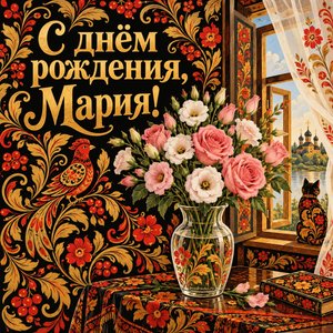 Открытка «С днём рождения, Мария!» Марии с эустомой у окна