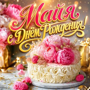Открытка с Днем Рождения Майе с праздничным тортом и пионами