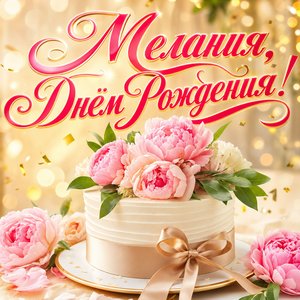 Открытка с Днем Рождения Мелании с тортом и пионами