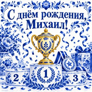 Открытка «С днём рождения, Михаил!» Михаилу с кубком и медалью