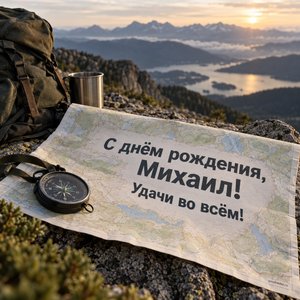Открытка «С днём рождения, Михаил! Удачи во всём!» Михаилу с картой на вершине