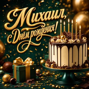 Открытка с Днем Рождения Михаилу с праздничным тортом и свечами