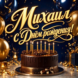 Открытка с Днем Рождения Михаилу с шоколадным тортом и свечами