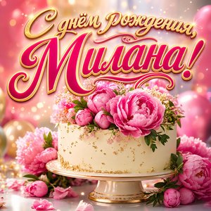 Открытка с Днем Рождения Милане с тортом и пионами