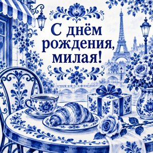 Открытка «С днём рождения, милая!» с кафе и розой