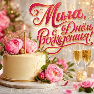 Открытка с Днем Рождения Миле с тортом и пионами