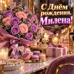Открытка «С Днём рождения, Милена!» Милене с розами и макарунами